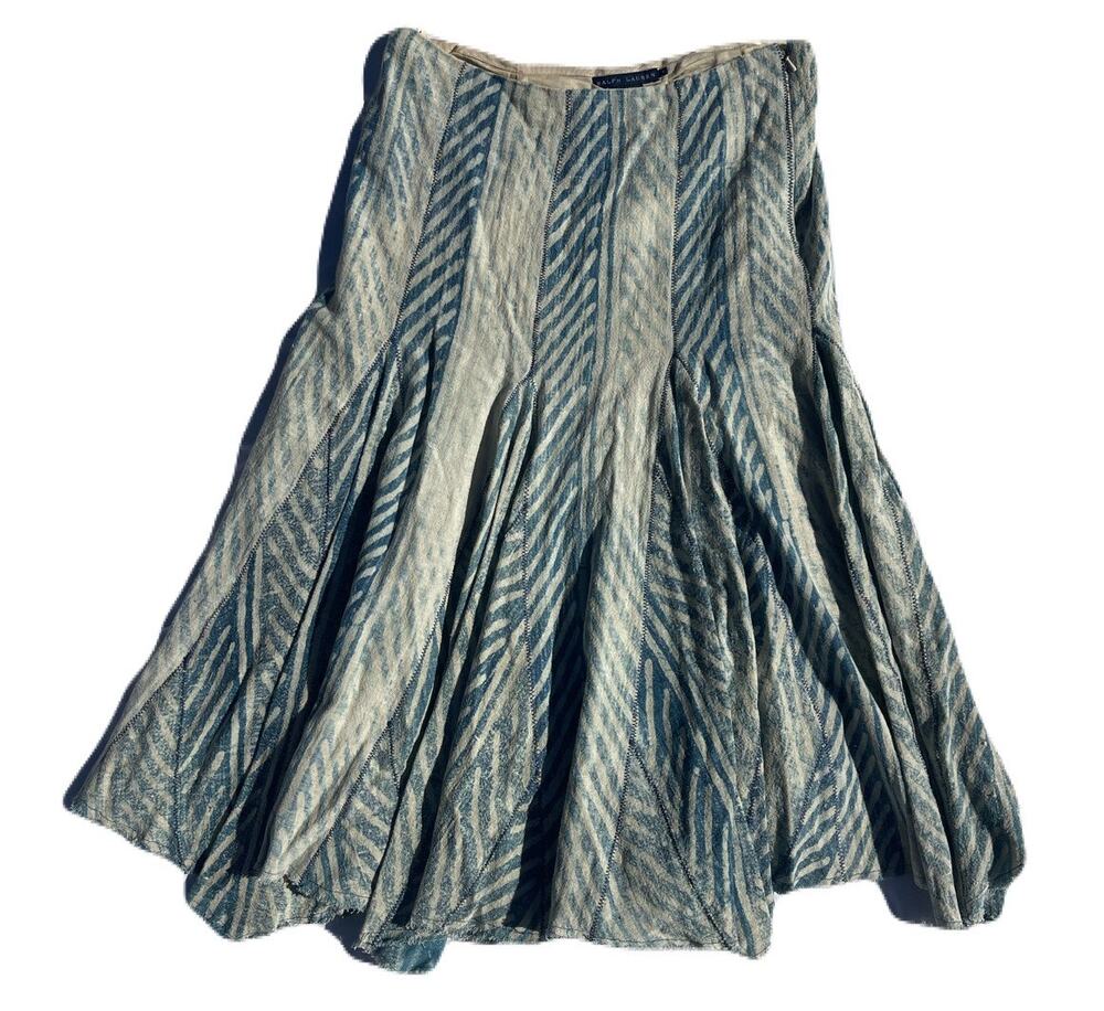 Ralph Lauren Skirt Blue Striped Patchwork Distressed Hem Cotton Skirt Size 08